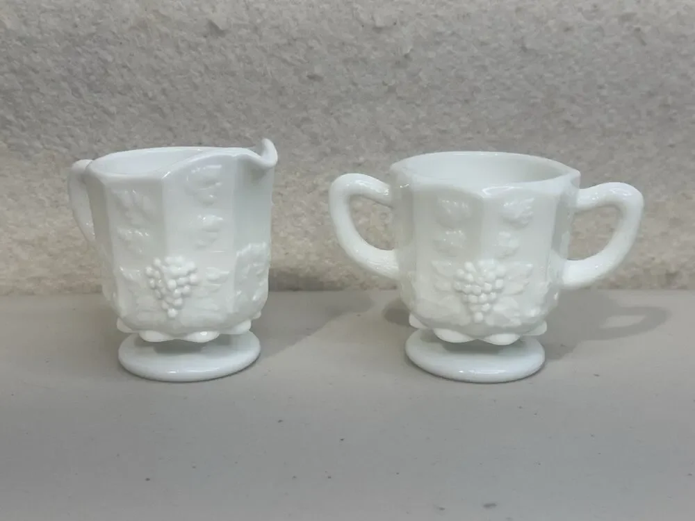 Westmoreland Milk White Glass Paneled Grape & Leaf Motif Creamer & Sugar Set VTG
